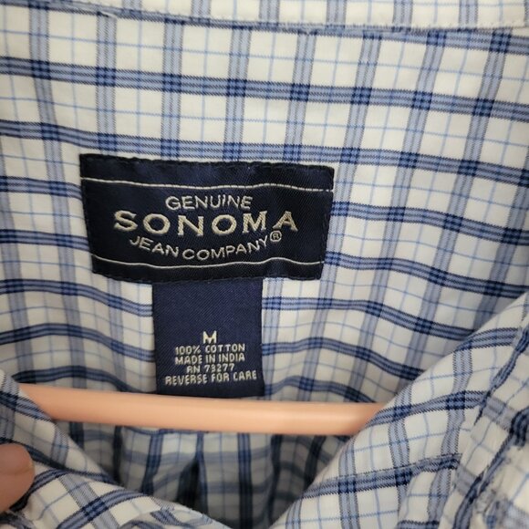 Sonoma Men's Medium Button Up Shirt Short Sleeves Blue White plaid like new - Picture 8 of 10